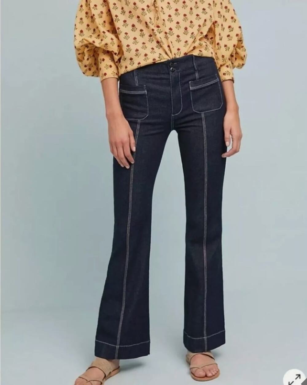 Pilcro Anthropologie High Rise Flare Blue Denim Jeans Contrast Stitch size 32